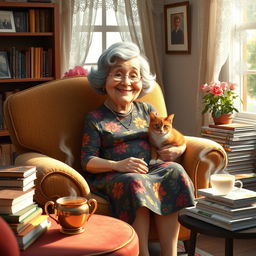A whimsical and endearing scene of a cheerful aunt in a cozy living room