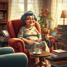 A whimsical and endearing scene of a cheerful aunt in a cozy living room