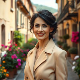 A 39-year-old woman with dark hair and classic Italian features, fully dressed in elegant clothing that emphasizes her sophisticated style