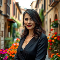 A 39-year-old woman with dark hair and classic Italian features, fully dressed in elegant clothing that emphasizes her sophisticated style