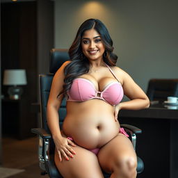 A beautiful woman resembling Shruti Haasan, confidently sitting on an office chair, wearing a stylish bikini that accentuates her big breasts and features a noticeable big belly