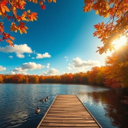 A serene autumn landscape featuring a tranquil lake surrounded by vibrant red, orange, and yellow trees