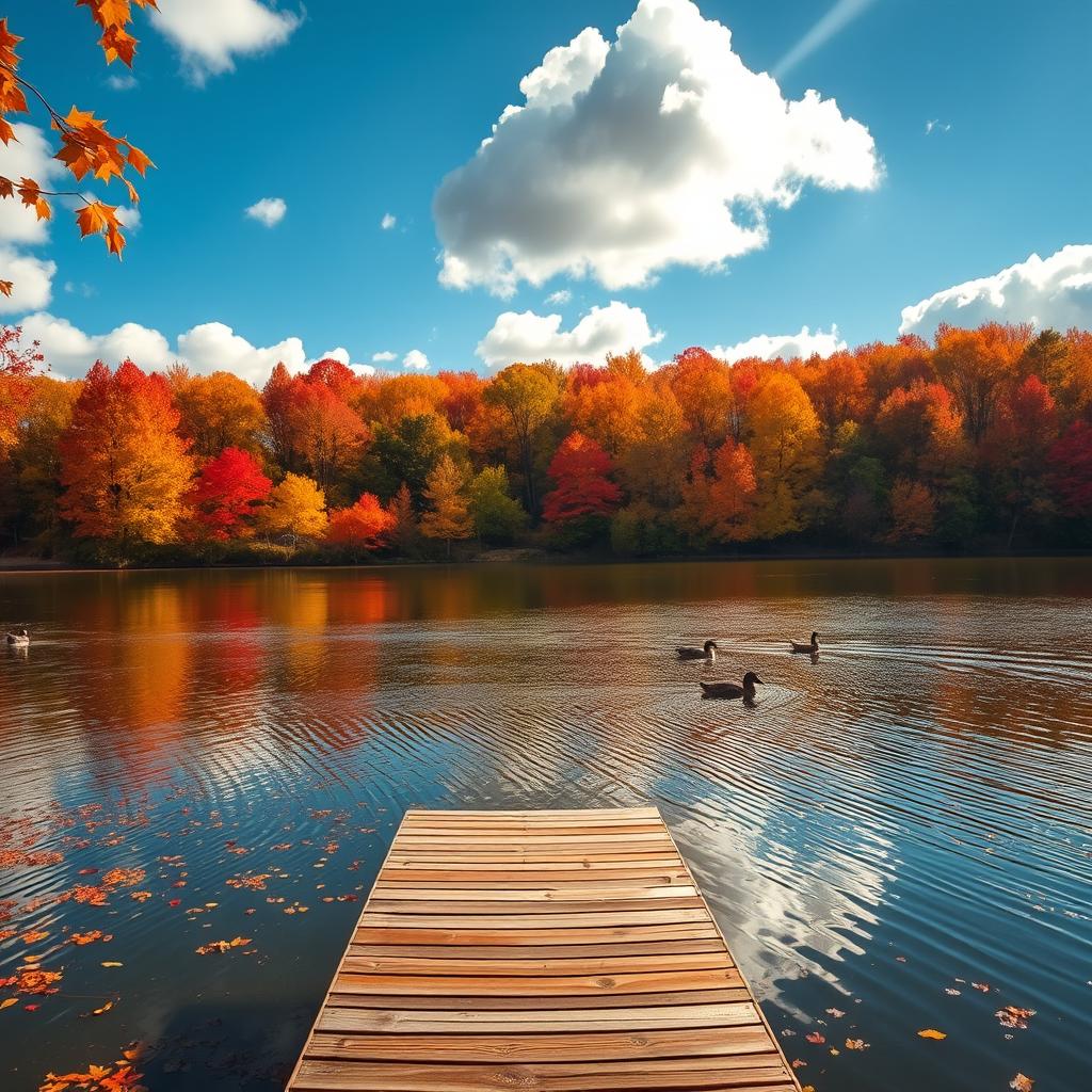 A serene autumn landscape featuring a tranquil lake surrounded by vibrant red, orange, and yellow trees