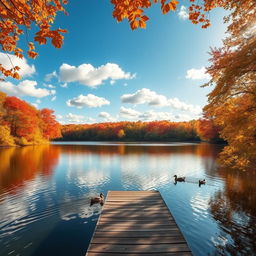 A serene autumn landscape featuring a tranquil lake surrounded by vibrant red, orange, and yellow trees
