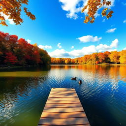 A serene autumn landscape featuring a tranquil lake surrounded by vibrant red, orange, and yellow trees