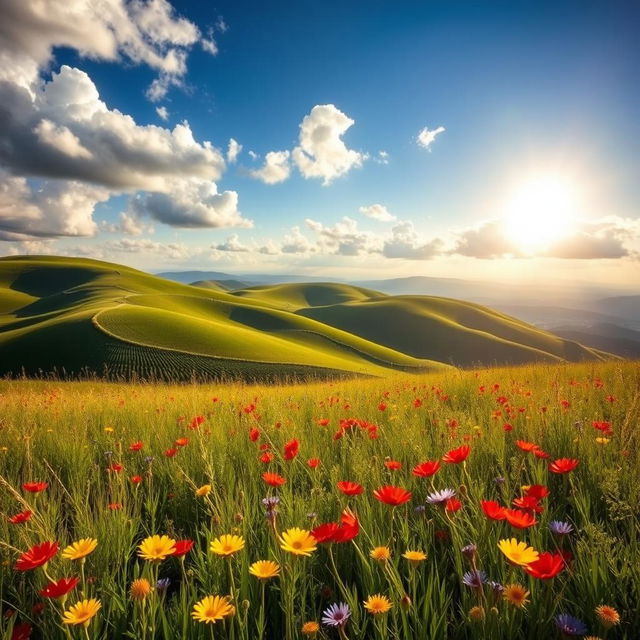 A stunning scenic background featuring rolling hills under a bright blue sky dotted with fluffy white clouds