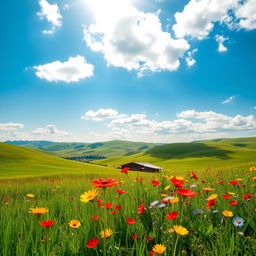 A stunning scenic background featuring rolling hills under a bright blue sky dotted with fluffy white clouds