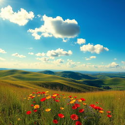 A stunning scenic background featuring rolling hills under a bright blue sky dotted with fluffy white clouds