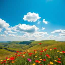 A stunning scenic background featuring rolling hills under a bright blue sky dotted with fluffy white clouds