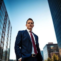 A tall man dressed in a tailored dark blue suit, standing confidently in an urban environment