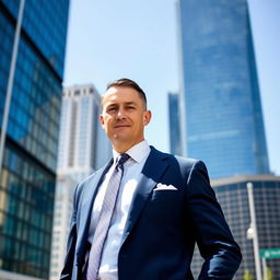 A tall man dressed in a tailored dark blue suit, standing confidently in an urban environment