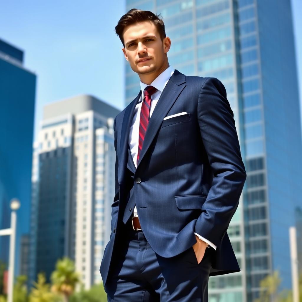 A tall man dressed in a tailored dark blue suit, standing confidently in an urban environment