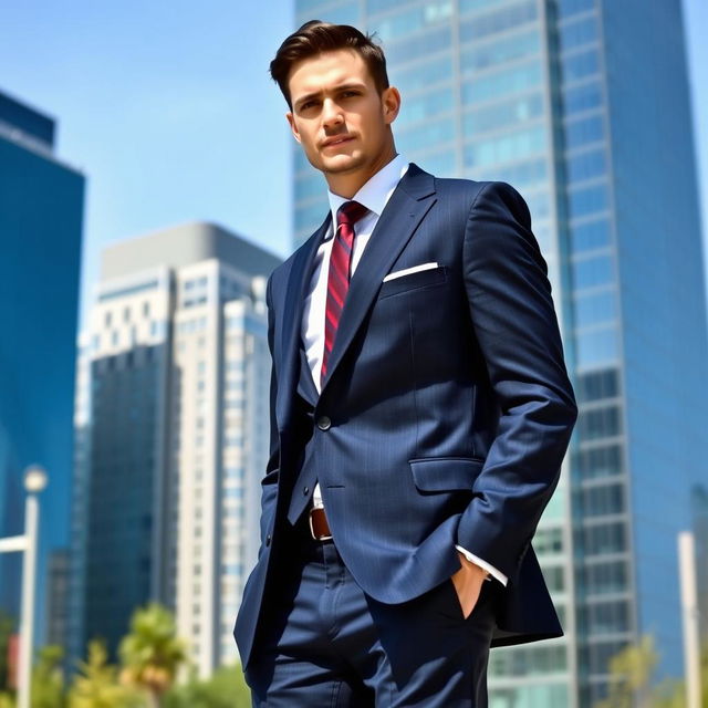 A tall man dressed in a tailored dark blue suit, standing confidently in an urban environment