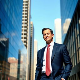 A tall man dressed in a tailored dark blue suit, standing confidently in an urban environment