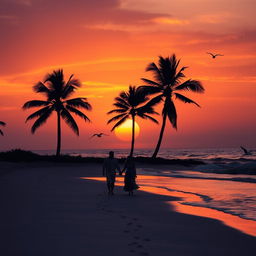A beautiful sunset over a serene beach, with vibrant orange and purple hues in the sky