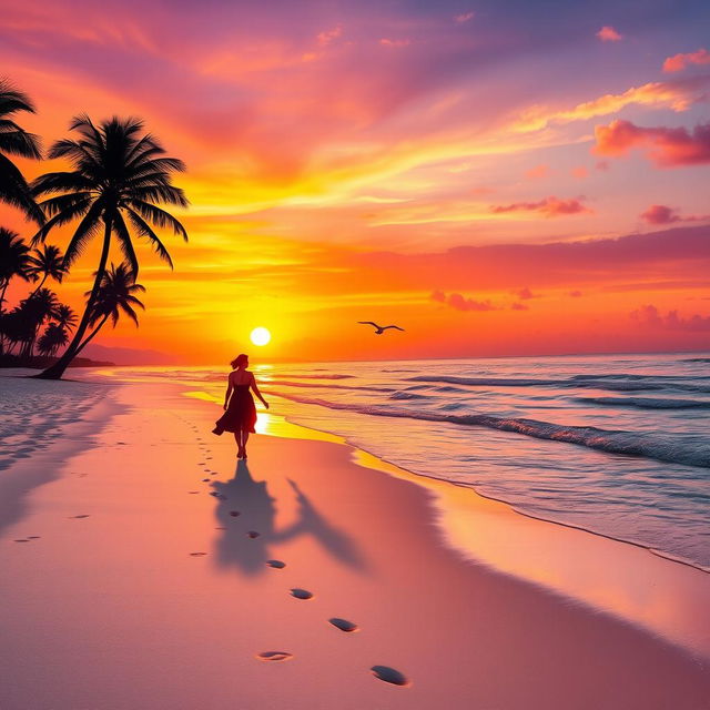 A beautiful sunset over a serene beach, with vibrant orange and purple hues in the sky