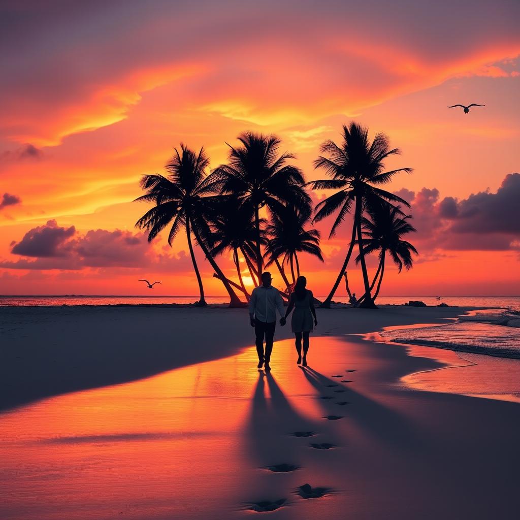 A beautiful sunset over a serene beach, with vibrant orange and purple hues in the sky