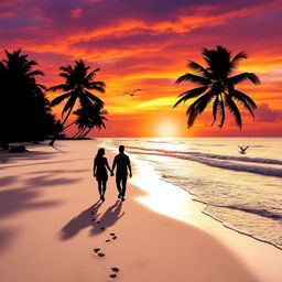 A beautiful sunset over a serene beach, with vibrant orange and purple hues in the sky