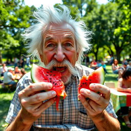 An elderly man with wild, unkempt white hair and a mustache, resembling a famous physicist, enthusiastically eating a slice of watermelon
