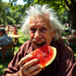 An elderly man with wild, unkempt white hair and a mustache, resembling a famous physicist, enthusiastically eating a slice of watermelon