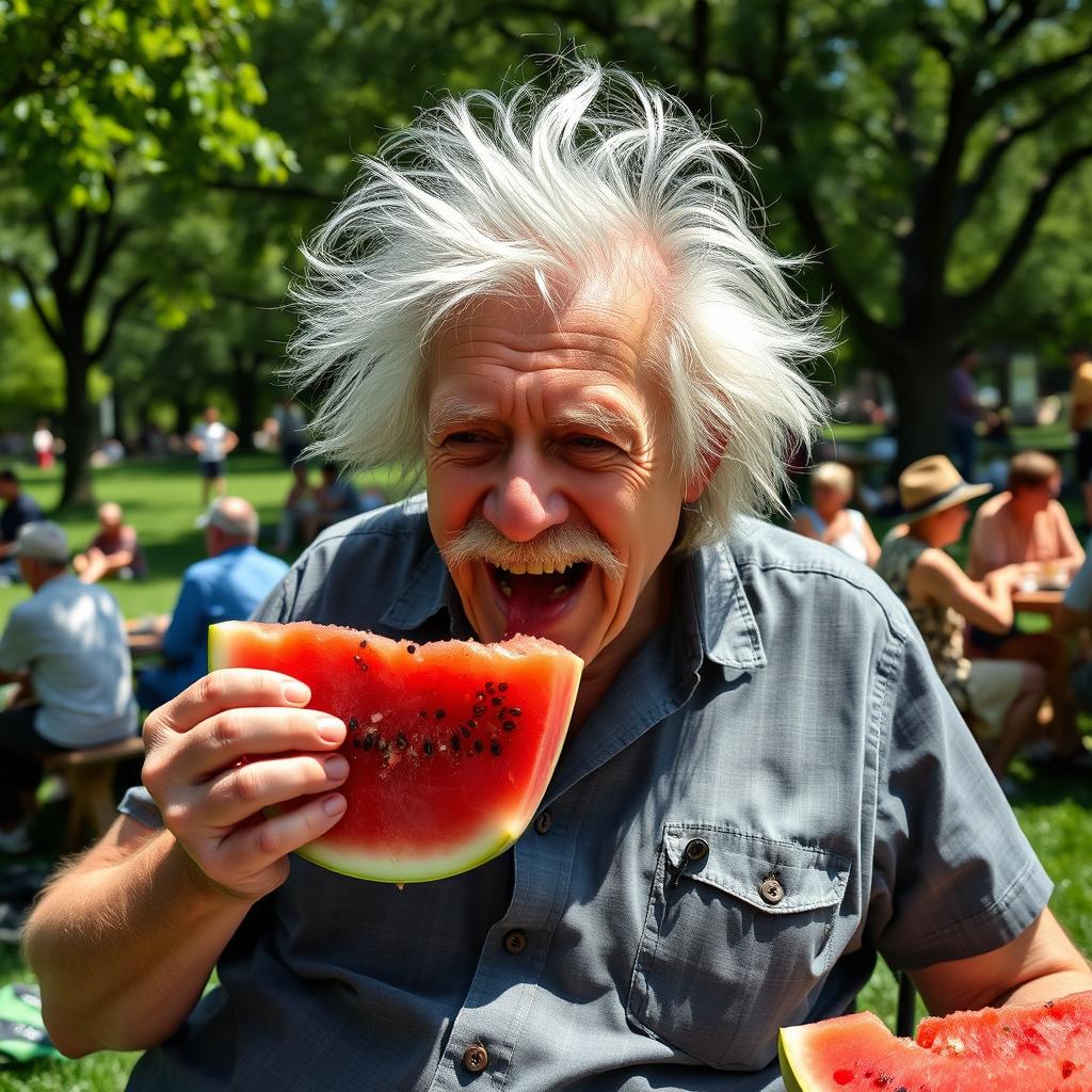 An elderly man with wild, unkempt white hair and a mustache, resembling a famous physicist, enthusiastically eating a slice of watermelon