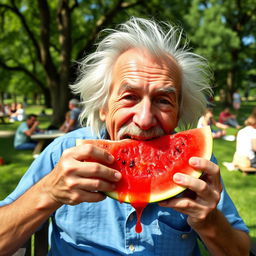 An elderly man with wild, unkempt white hair and a mustache, resembling a famous physicist, enthusiastically eating a slice of watermelon