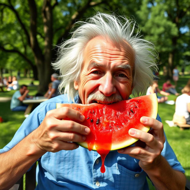 An elderly man with wild, unkempt white hair and a mustache, resembling a famous physicist, enthusiastically eating a slice of watermelon