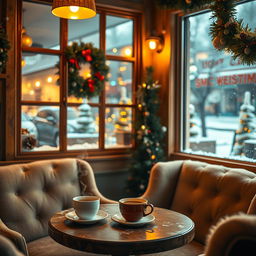 An inviting and playful coffee shop scene in December, featuring a cozy corner with a steaming cup of coffee on the table, surrounded by warm, inviting decorations of the holiday season