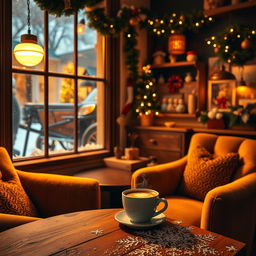 An inviting and playful coffee shop scene in December, featuring a cozy corner with a steaming cup of coffee on the table, surrounded by warm, inviting decorations of the holiday season