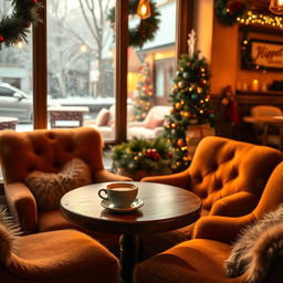 An inviting and playful coffee shop scene in December, featuring a cozy corner with a steaming cup of coffee on the table, surrounded by warm, inviting decorations of the holiday season