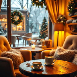 An inviting and playful coffee shop scene in December, featuring a cozy corner with a steaming cup of coffee on the table, surrounded by warm, inviting decorations of the holiday season