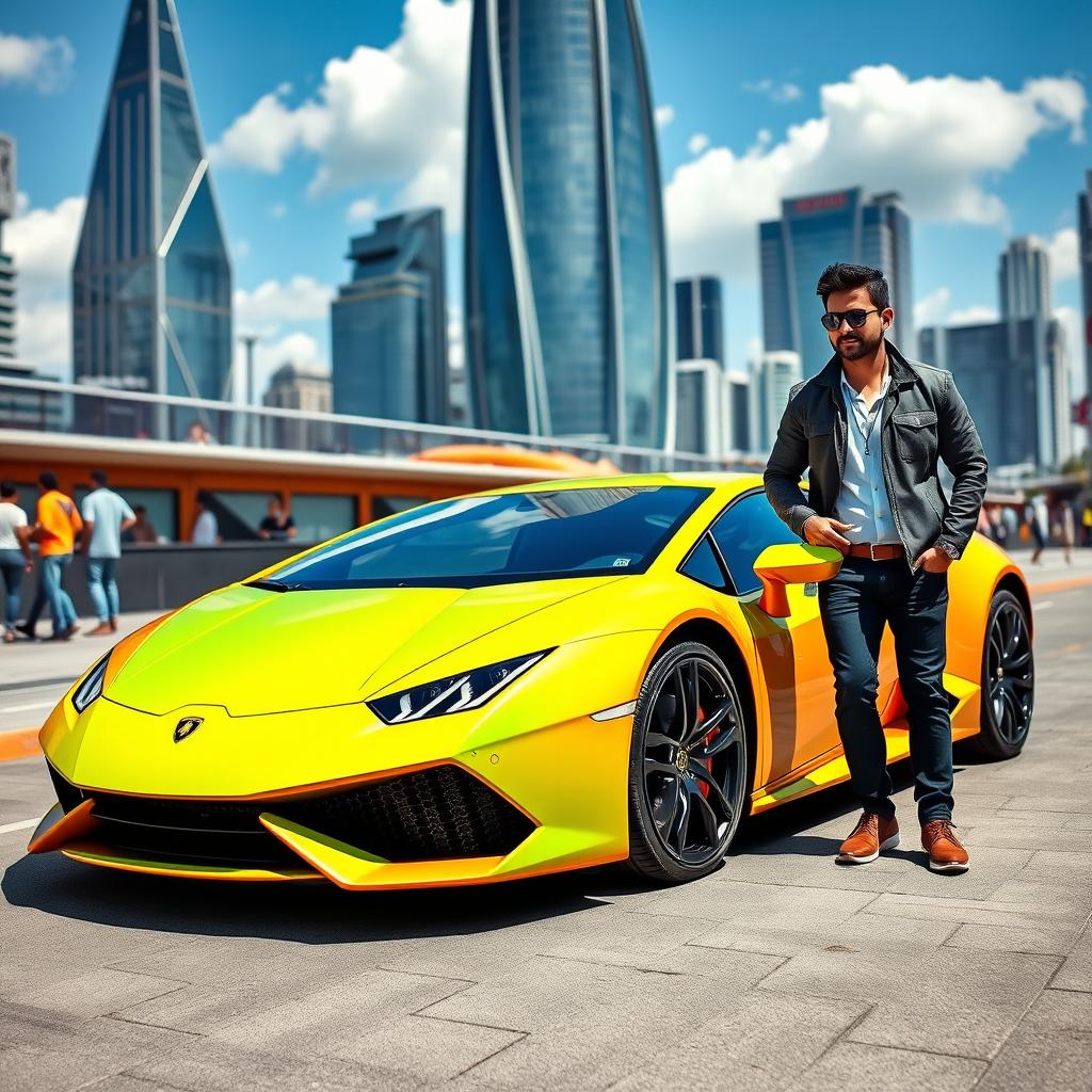 A dynamic and thrilling scene featuring a sleek, modern Lamborghini with a vibrant color finish, such as bright green or orange