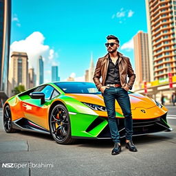 A dynamic and thrilling scene featuring a sleek, modern Lamborghini with a vibrant color finish, such as bright green or orange