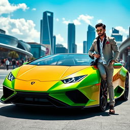 A dynamic and thrilling scene featuring a sleek, modern Lamborghini with a vibrant color finish, such as bright green or orange