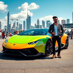 A dynamic and thrilling scene featuring a sleek, modern Lamborghini with a vibrant color finish, such as bright green or orange