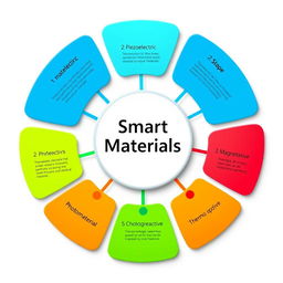 A vibrant and colorful infographic-like image on a white background, featuring a central circular design labeled 'Smart Materials'