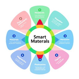 A vibrant and colorful infographic-like image on a white background, featuring a central circular design labeled 'Smart Materials'