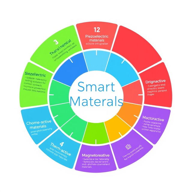 A vibrant and colorful infographic-like image on a white background, featuring a central circular design labeled 'Smart Materials'