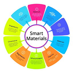 A vibrant and colorful infographic-like image on a white background, featuring a central circular design labeled 'Smart Materials'