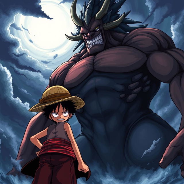 A dramatic scene featuring Shadow Luffy standing defiantly in front of a towering Kaido, who is shown in a fierce and imposing posture