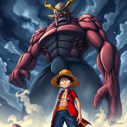 A dramatic scene featuring Shadow Luffy standing defiantly in front of a towering Kaido, who is shown in a fierce and imposing posture