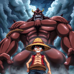 A dramatic scene featuring Shadow Luffy standing defiantly in front of a towering Kaido, who is shown in a fierce and imposing posture