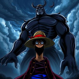 A dramatic scene featuring Shadow Luffy standing defiantly in front of a towering Kaido, who is shown in a fierce and imposing posture