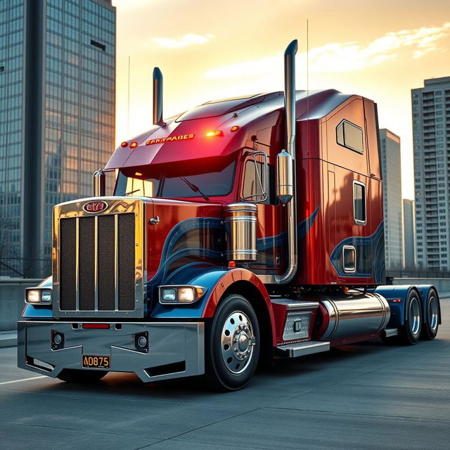 A semi-truck resembling a futuristic version of Optimus Prime, with a sleek metallic body, vibrant red and blue colors, and intricate robotic details