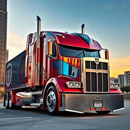 A semi-truck resembling a futuristic version of Optimus Prime, with a sleek metallic body, vibrant red and blue colors, and intricate robotic details