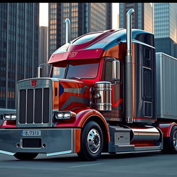 A semi-truck resembling a futuristic version of Optimus Prime, with a sleek metallic body, vibrant red and blue colors, and intricate robotic details