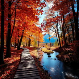 A serene forest scene during autumn, with vibrant orange and red leaves falling gently from the trees