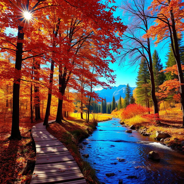 A serene forest scene during autumn, with vibrant orange and red leaves falling gently from the trees