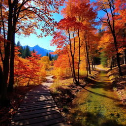 A serene forest scene during autumn, with vibrant orange and red leaves falling gently from the trees