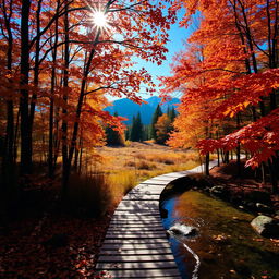 A serene forest scene during autumn, with vibrant orange and red leaves falling gently from the trees